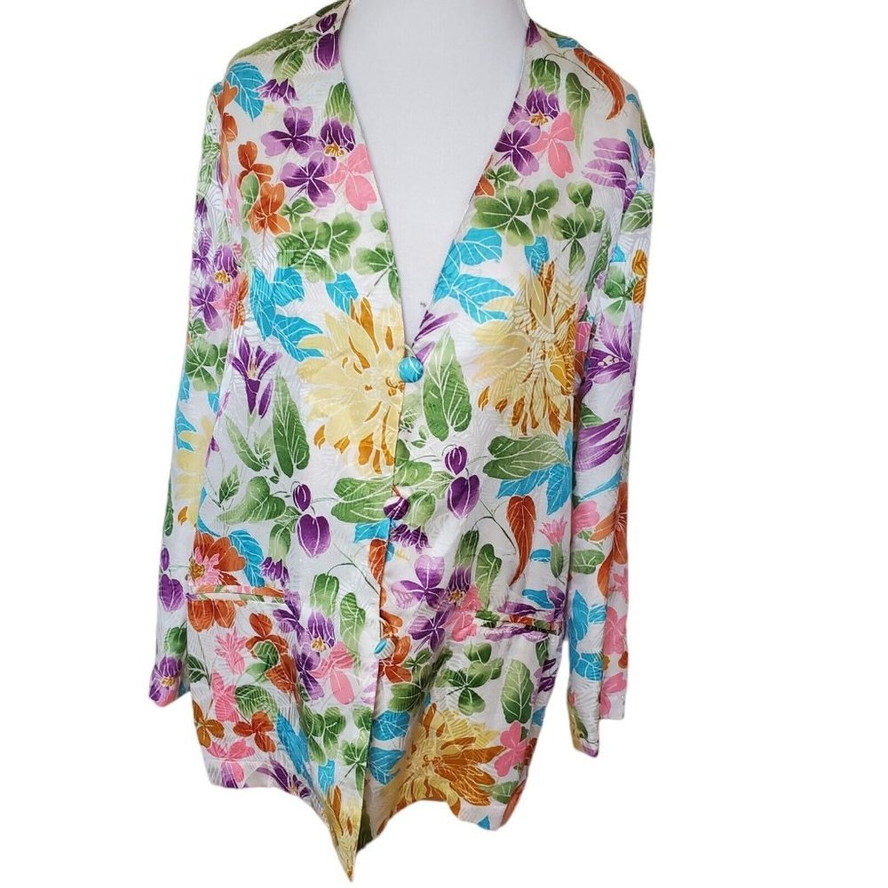Vintage Floral Thin Silk Jacket Colorful Satin Sz Medium Pockets Oversized